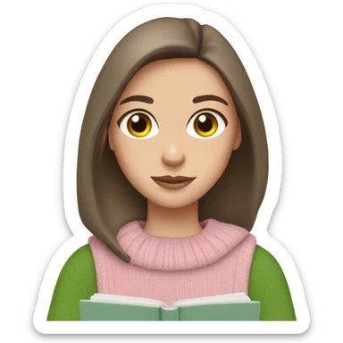 Pretty brunette green eyed white girl with light pink sweater reading cozy sticker