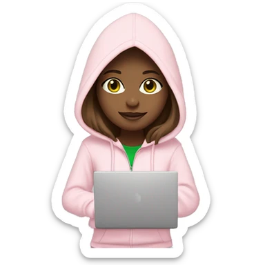 a girl with brown long hair, light beige skin, green eyes, is working relaxed at a modern laptop in a monochrome pale pink zip hoodie with a hood and a pink monochrome T-shirt sticker