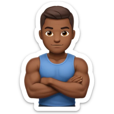 A confident, muscular cartoon male character with dark skin, crossed arms, smirking expression, bold, minimalistic lines, warm shadowing, stylized as an emoji icon. sticker