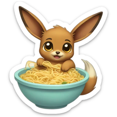 Eevee eating noodles and having a tummy ache sticker