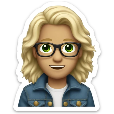 blonde long haired boy with green eyes , glasses , blue jean jacket with fur lining sticker