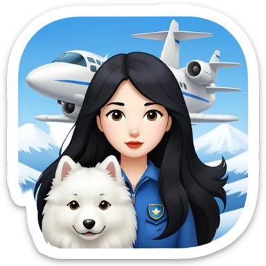 a aviation girl with long black  hair and a samoyed sticker