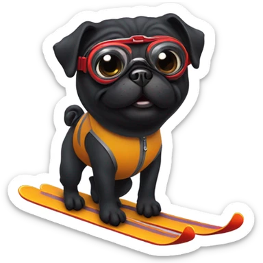 Black pug with a curly tail and goggles skiing on a snowy mountain sticker