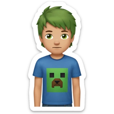 A 14 yerar old teenage boy, slightly tanned, wearing a green minecrcaft tshirt, blue jeans and green sneakers with brown tousled hair, smirking sticker