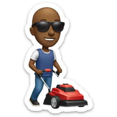 Black man with bald head and sunglasses pushing a lawnmower sticker