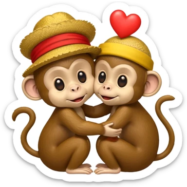 two cartoon monkeys hugging and kissing. The larger monkey is wearing a yellow straw hat like Luffy’s from One Piece. The smaller monkey is wearing a solid red headband. A small red heart floats between them to express affection. sticker