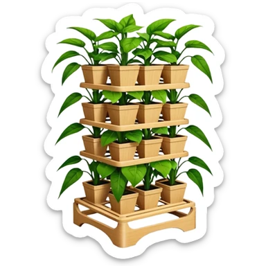 Very Large decorative alien-futuristic multi-tier multi-level square-sided plant rack, which holds pepper plants, constructed from plywood sticker