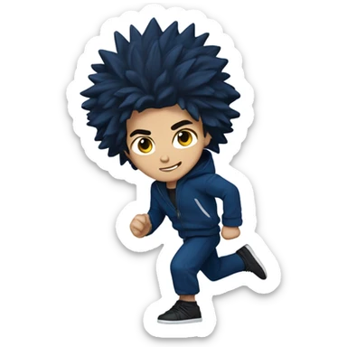 13-year-old Caucasian male martial artist boy running with big black spiky hair. He is wearing a dark blue headband, a dark blue hooded letterman jacket with dark blue sleeves and a black hoodie,  sticker