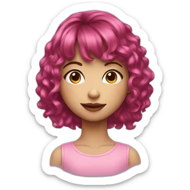 A young girl with dark pink medium length wavy hair and a fringe sticker