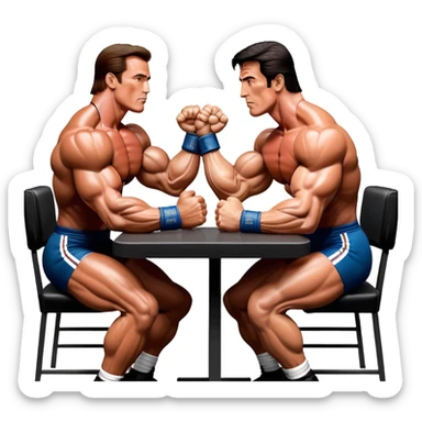 Arnold Schwarzenegger and Sylvester Stallone from 'Over the Top,' locked in an arm wrestling battle, using only their right hands. Their left hands rest on the table. Both display immense strength, with muscular arms flexing, under bright competition lights. Transparent background. sticker