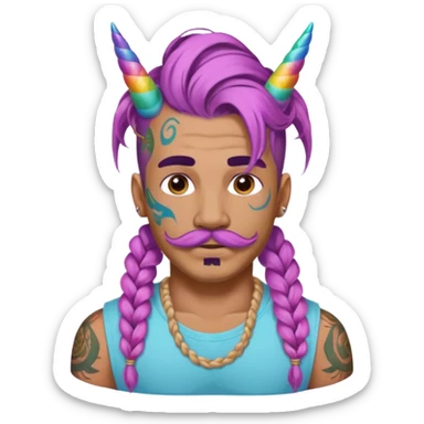 big lose braids starting from the top sides of the head hair like a unicorn man with mustache face wiith big visible loose only two braids and lots and lots of colored face tattoos colored tattoos like a tattoo artist hair unique color sticker