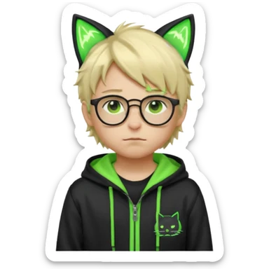 Light blond, slightly messy hair
Black glasses
A black hoodie with cat ears
Neon green details on the jacket and pants (glowing lines and stripes)
An overall hacker / cyberpunk style look
A neutral facial expression (boy )eyes brown) the hood with ears BROWN EYE BROWN EYE sticker