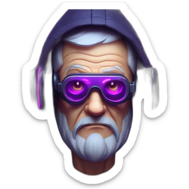 Russian old man wearing a black hoodie with "OMG" letters on it and VR headset in a cyberpunk VR environment with violet neon lighting. sticker