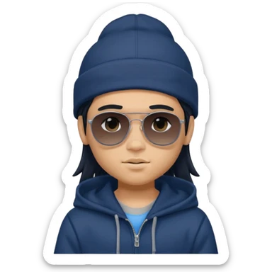 generate a fair pretty bratz boy wearing a dark blue cap with black sunglasses and a grey hoodie

hair black long sticker