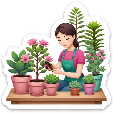 Close-up of planting a sapling in a pot. Around, potted plants and succulents with vibrant leaves and flowers. Sunlight filters through the window, casting soft shadows. Cozy indoor space with gardening tools on a wooden table. sticker