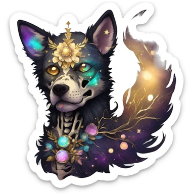 iridescent kintsugi fluffy zombie black brown gold dog fox head zombie skull skeleton gold mechanical nebula galaxy stars colorful flowers fairy lights vintage zombie sticker