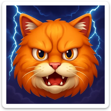 Add a dramatic lightning background behind the angry cat in the style of emoji (apple style emojis). Keep the emoji style look. sticker