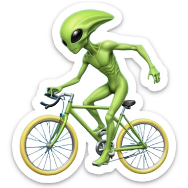 energy alien riding a bicycle, glowing light body, floating energy trails, non-physical alien form interacting with bike, fantasy sci-fi vibe, 3D cartoon, mobile game icon style, clean background, no text, no watermark
 sticker