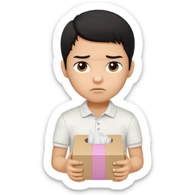 generate a pretty bratz boy with black hair, wearing a white polo shirt. Looking sad, holding a box of tissues sticker