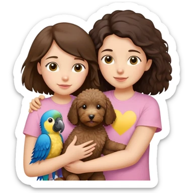 One girl with medium long dark brown hair dressing baby pink T-shirt, hugging One little brown coated labradoodle and a yellow-headed, blue-bellied macaw sticker