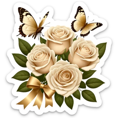 A bouquet of white Ascott tea roses next to a beige aesthetic and a brown beautiful butterfly and a gold silk ribbon sticker