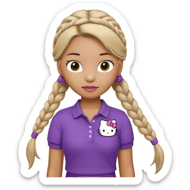 hello kitty wearing purple polo shirt and kyaki pants with long fishtail braids baddie sticker