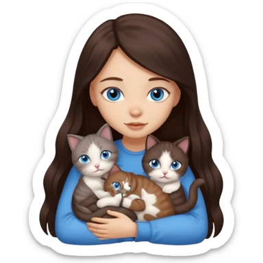 a pretty girl with long dark brown hair, with blue eyes, hugs 3 different natural coloured small cats sticker