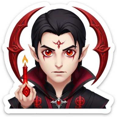 Cinematic Realistic WoW Vampire Mage Portrait, head tilted epicly and inquisitively, showcasing a commanding presence and ancient arcane mastery. His pallid skin and sleek dark hair are set against the intricately detailed black robe—with silver accents and mystical runes—that remains consistent in its shadowed elegance. His piercing crimson eyes blaze with forbidden power, rendered with dramatic, lifelike clarity and high shine, epic and awe-inspiring. sticker
