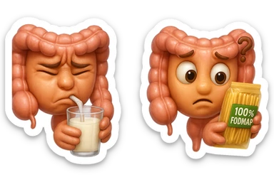 emoji stile iphone di un intestino che beve latte e ha un espressione di dolore e un intestino che guarda un pacco di pasta con la scritta "100% FODMAP" SULL'ETICHETTA CON ESPRESSIONE CONFUSA, iperrealistico 4k, isolato su sfondo bianco sticker