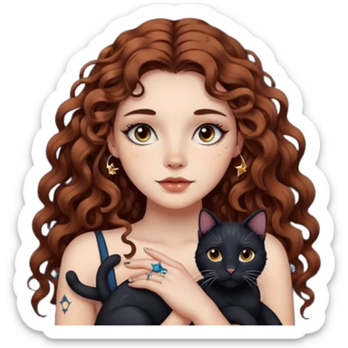 woman with long curly brown hair, brown eyes, white skin, tattoos, black cat made of star constellations beside her sticker