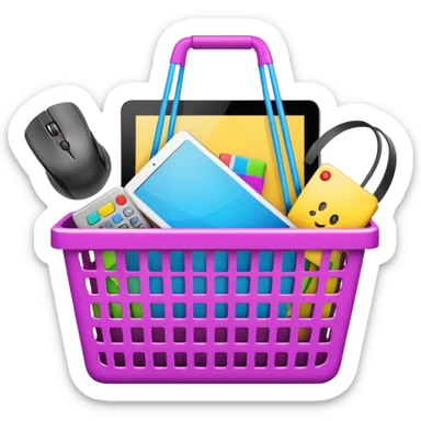 shopping basket containing a graphics card, wireless mouse, and tablet emoji sticker