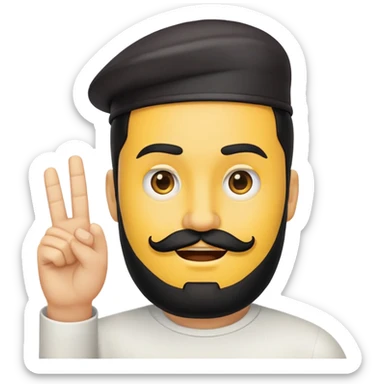 rounded yellow emoji face, black beard, side-facing mouth, one eyebrow raised, hand making a 'no' gesture sticker