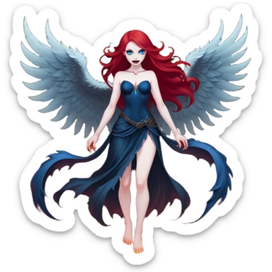 full body portrait of an extremely diabolical girl with pale white skin, massive towering wings, very long flowing blood red hair, glowing blue eyes, evil grin, no accessories, standing in thick swirling dark red and black smoke that rises up from the ground, heavy smoke effect at her feet sticker