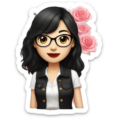 Asian girl, smiling with teeth, fair skin, black long hair, black eyes, black glasses with gold frames, red lipstick, wearing a white lace tank top and a black office jacket on top, with pink and red roses around her, chibi. sticker