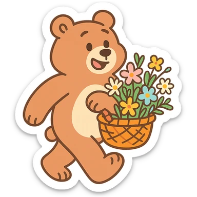 bear carrying a basket of wildflowers, soft pastel brown and cream, pastel toon style sticker