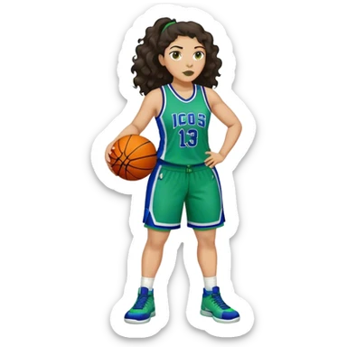 full body plus size light skin latino women basketball player with wavy dark hair large wide nose wearing blue with green uniform sticker