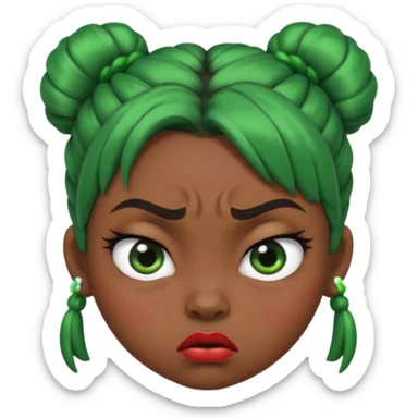 Create a 3D cartoon-style girl character with dark skin, round face, angry expression, big wide eyes, and tightly styled double buns made of green beaded hair. The girl should look irritated, eyebrows sharply angled, and lips pressed in a frown. sticker