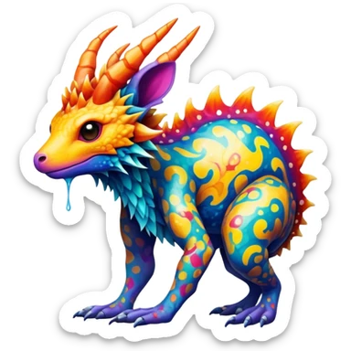 a colorful edgy vernid-fionbri-creature with splash patterns full body sticker