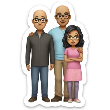 south asian family consisting of 1 bald dad with glasses, mum with glasses and short hair, 25 year old girl with long hair, 22 year old boy  sticker