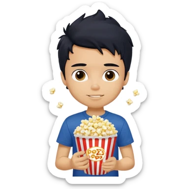 generate a pretty tan bratz boy with a dark blue tshirt on. eating popcorn. messy black hair sticker