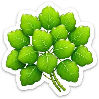 Sea grapes (Caulerpa lentillifera) with an elongated, cylindrical shape, made of many tiny translucent green bead-like bubbles,  much smaller than real grapes, clustered tightly along a thin stem, glossy and fresh, emoji-style illustration, simplified shape, clean outline, cute and minimal sticker