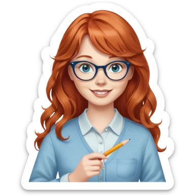 redheaded woman with very long wavy hair and bangs, blue eyes, clear cat-eye glasses, casual chic outfit, holding a pencil, smiling sticker