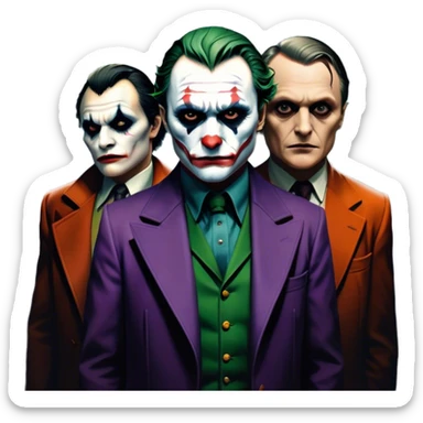 Icon for Thriller Movies: A dramatic close-up collage with iconic characters like Joker and Hannibal Lecter. Set against a dark, moody cityscape with shadows and ominous lighting. A suspenseful atmosphere with eerie tones. Transparent background. sticker