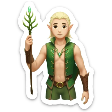 elf male legolas wading in shallow tide pool, palm emitting soft green light to heal glowing coral, practical open vest over bare chest, determined gaze, pointy ears, vibrant underwater plants, centered emoji, nature guardian summer sticker