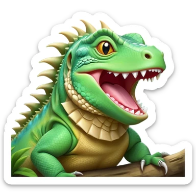 Cinematic Cute Yawning Iguana Portrait Emoji, Head tilted slightly with a dramatic, wide-open yawn, showcasing a sturdy, scaled body with a softly drooping spiky crest and sleepy, half-closed eyes, Simplified yet irresistibly adorable features, highly detailed, glowing with a soft, cozy jungle glow, high shine, relaxed yet expressive, stylized with a dash of whimsical charm, soft glowing outline, capturing the essence of a drowsy yet affectionate iguana that appears ready to stretch out for a nap! sticker