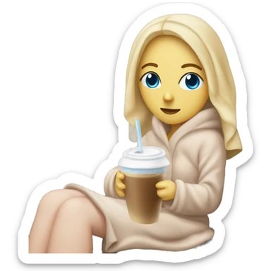 Blonde Girl with blue eyes covered in a cozy blanker With an iced Latte sitting on a couch sticker