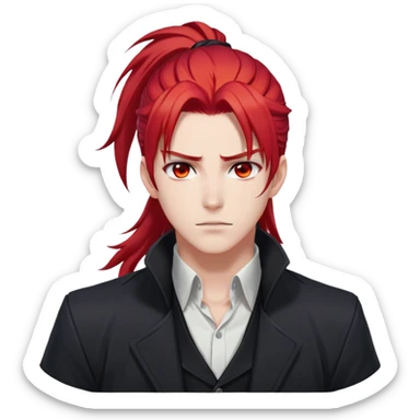 Handsome gorgeous anime man with bright-red hair, thick long ponytail, red eyes, white shirt, black jacket, stone face, Diluc from Genshin Impact sticker