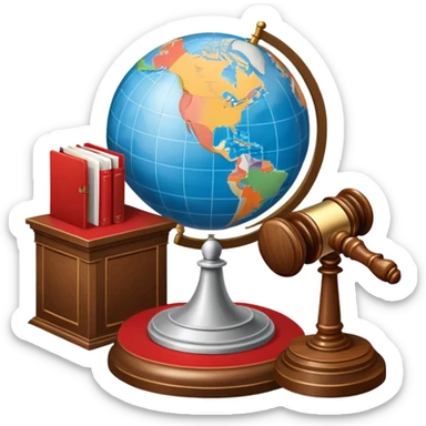 An icon featuring a globe with a gavel and a political map, symbolizing political science. The design includes a ballot box and a podium, representing democracy and governance. Transparent background highlights the study of political systems and global relations. sticker