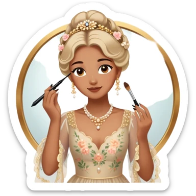  Middle Eastern-inspired moment of a woman getting ready in front of a mirror. She wears a delicate floral dress with sheer, flowy sleeves, accessorized with gold jewelry and traditional pearl-adorned hair clips. Her  as she applies mascara and eyeliner , her reflection revealing a soft smile.  sticker