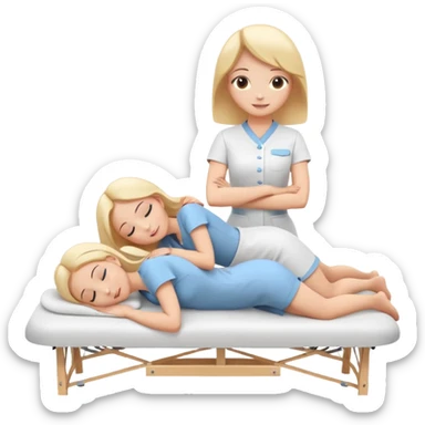 A cute emoji-style illustration of a girl lying on a massage table during a relaxing massage session, while another girl gently gives her a back massage. Soft colors, peaceful atmosphere, simple rounded emoji-like shapes, friendly and wholesome. sticker